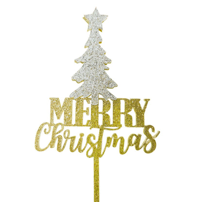 Glittered Gold Merry Christmas White Tree Cake Topper