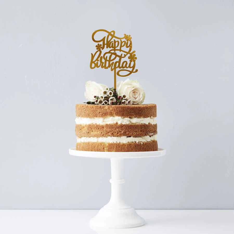 Gold Happy Birthday Cake Topper with Lilac Flower Design