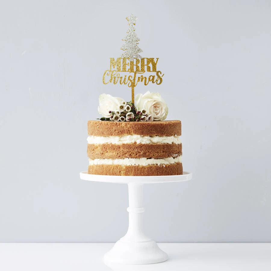 Glittered Gold Merry Christmas White Tree Cake Topper