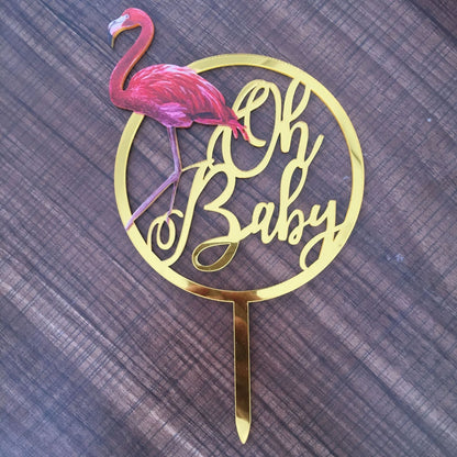 Round Acrylic Oh Baby with a Flamingo Cake Topper