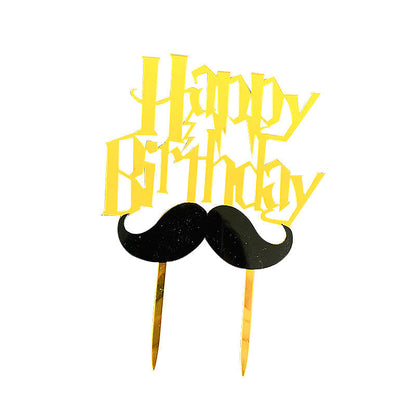 Moustache with Gold Happy Birthday Cake Topper