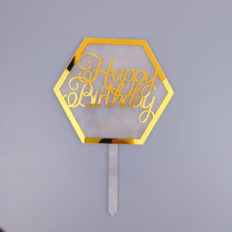 Hexagon White Design Happy Birthday Cake Topper