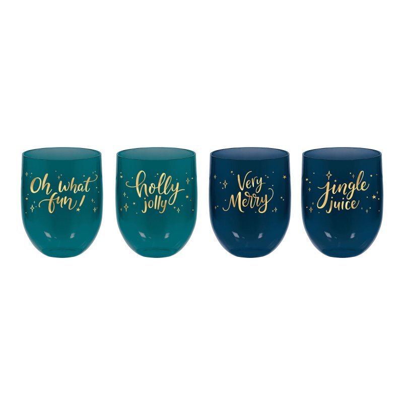 Christmas Stemless Plastic Wine Glasses Assorted Designs