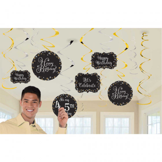 SPARKLING CELEBRATION ADD ANY AGE HANGING SWIRL DECORATIONS